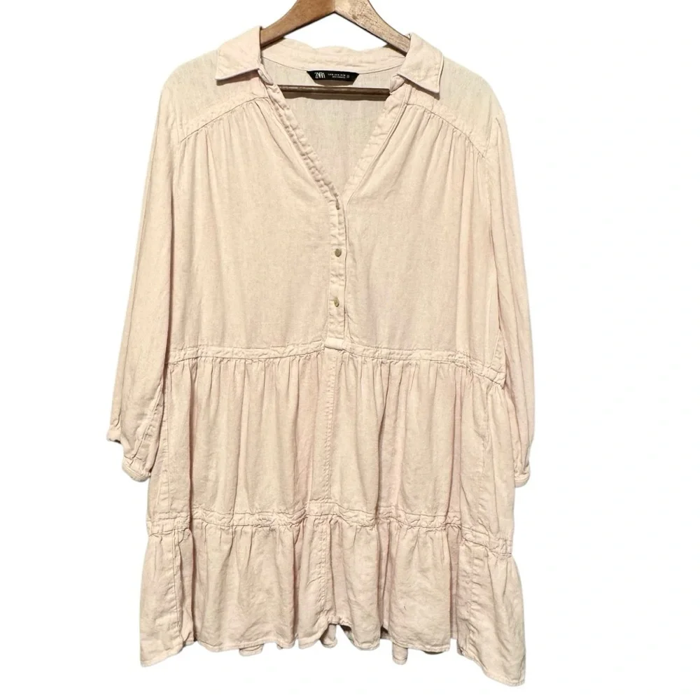 ZARA Linen Blend Pink Pastel Tiered Babydoll Button Collared Neckline Mini Dress - Picture 4 of 10